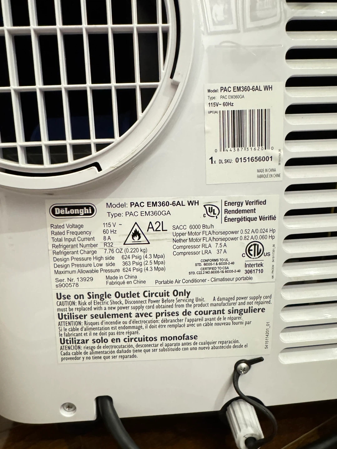 DeLonghi Pinguino Portable Air Conditioner EM360-6AL WH - photo 2