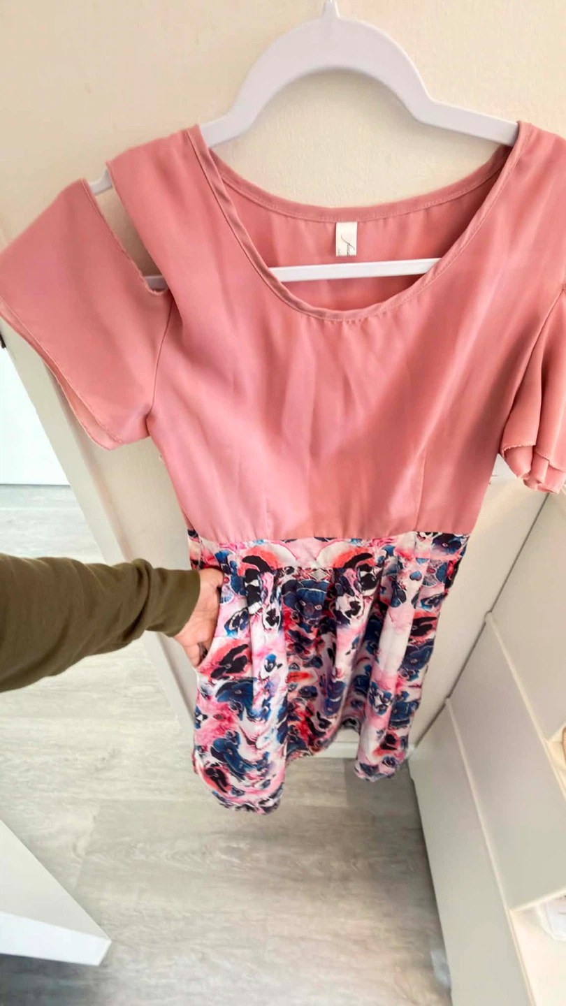 Pink Cold Shoulder Dress with Floral Skirt