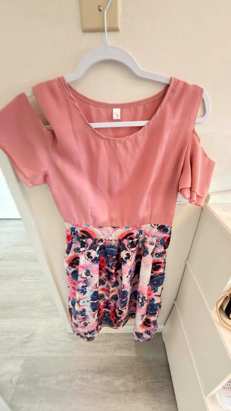 Pink Cold Shoulder Dress with Floral Skirt - photo 2