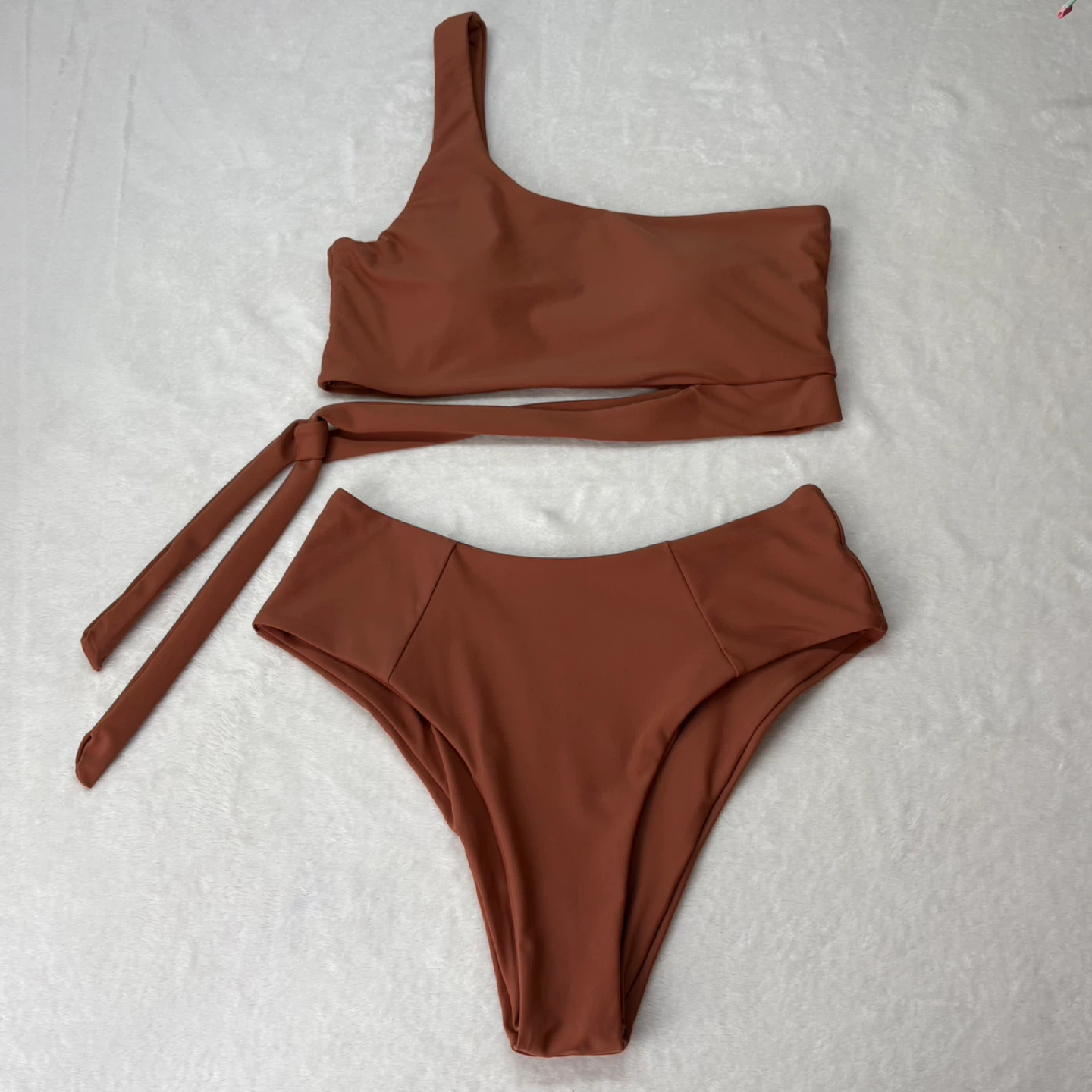 Terra Cotta One Shoulder Asymmetrical Bikini Set High Waist Sz M - photo 3
