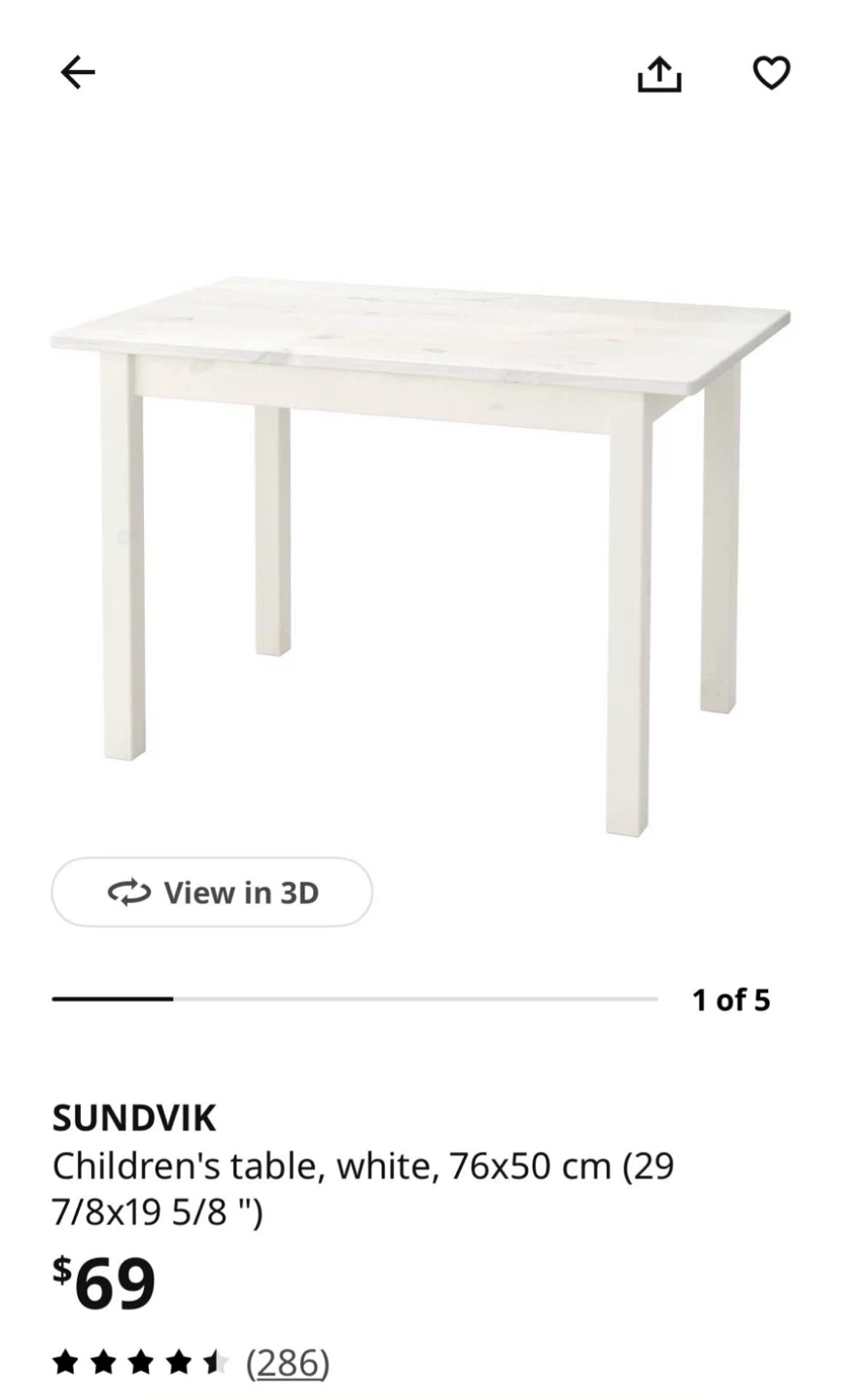 IKEA SUNDVIK Children's Table - White 76x50 cm
