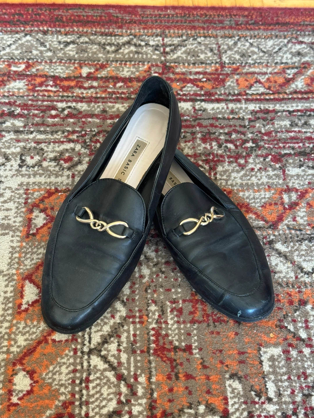 Zara Basic Black Loafers with Gold Detail