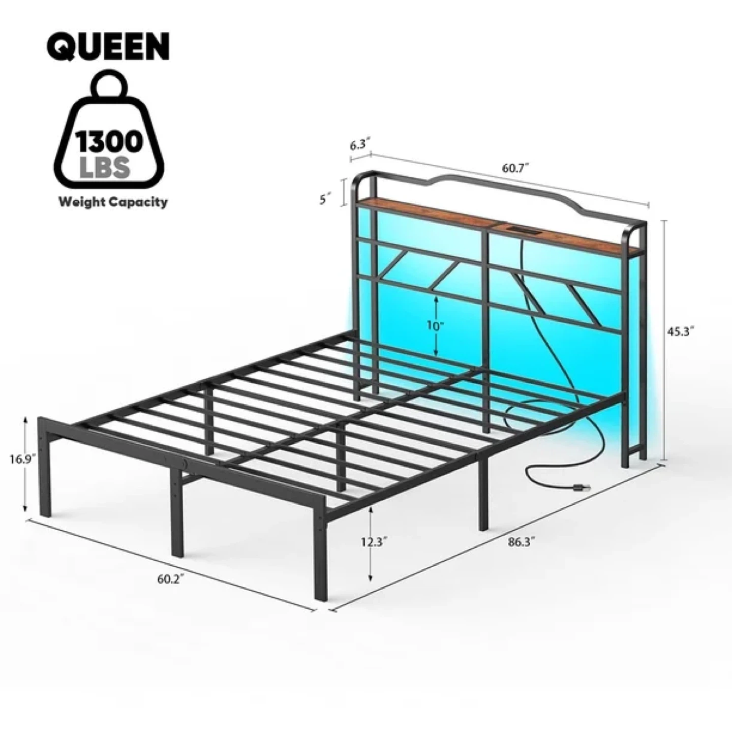 NISIEN Queen Size Bed Frame with LED Storage Headboard