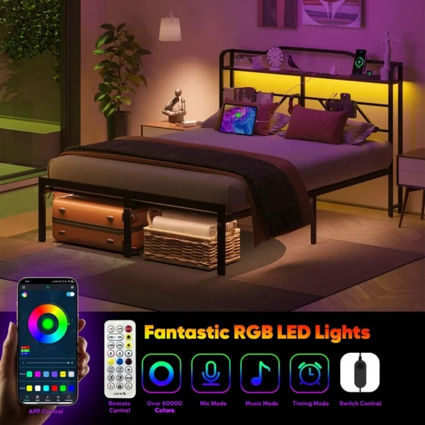 NISIEN Queen Size Bed Frame with LED Storage Headboard - photo 2