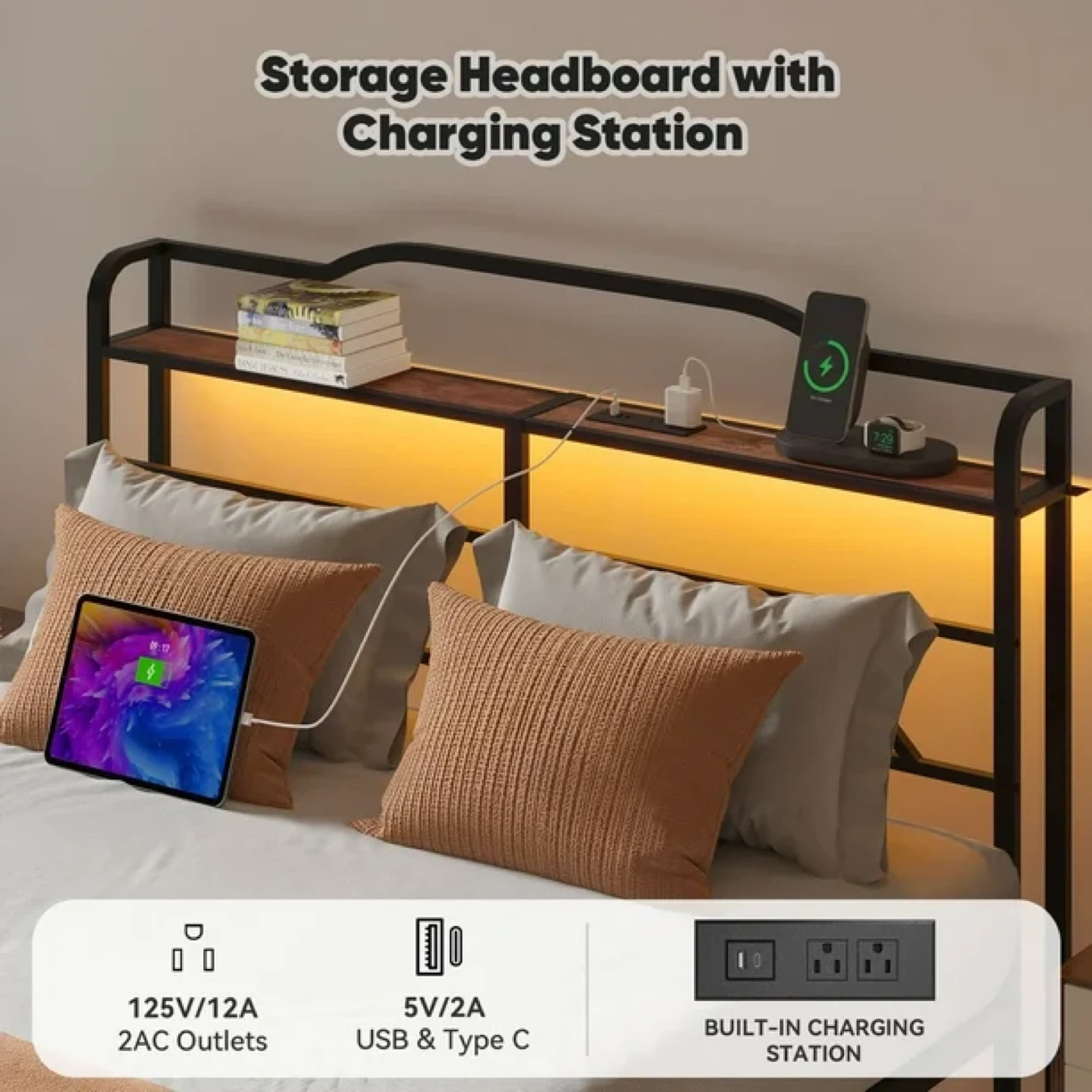 NISIEN Queen Size Bed Frame with LED Storage Headboard - photo 5