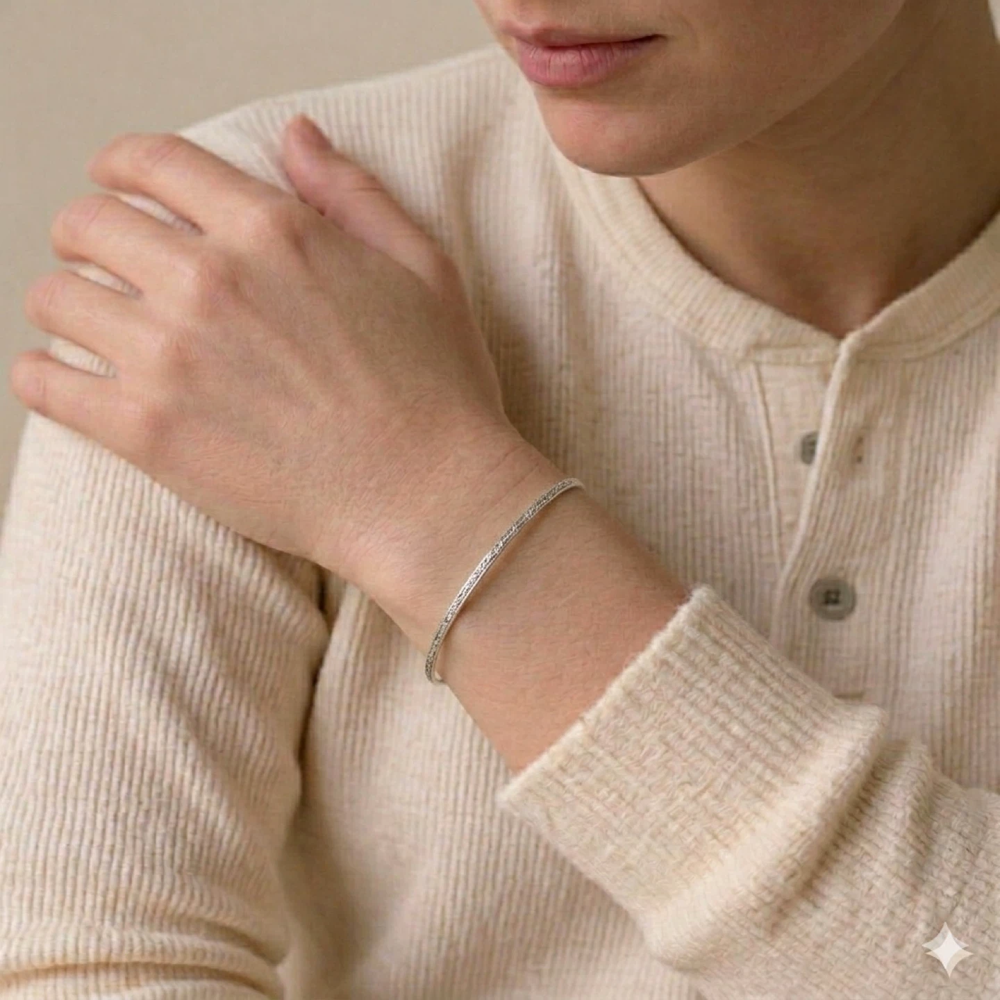 Textured Silver Tone Bangle Bracelet Rope Detail Minimalist