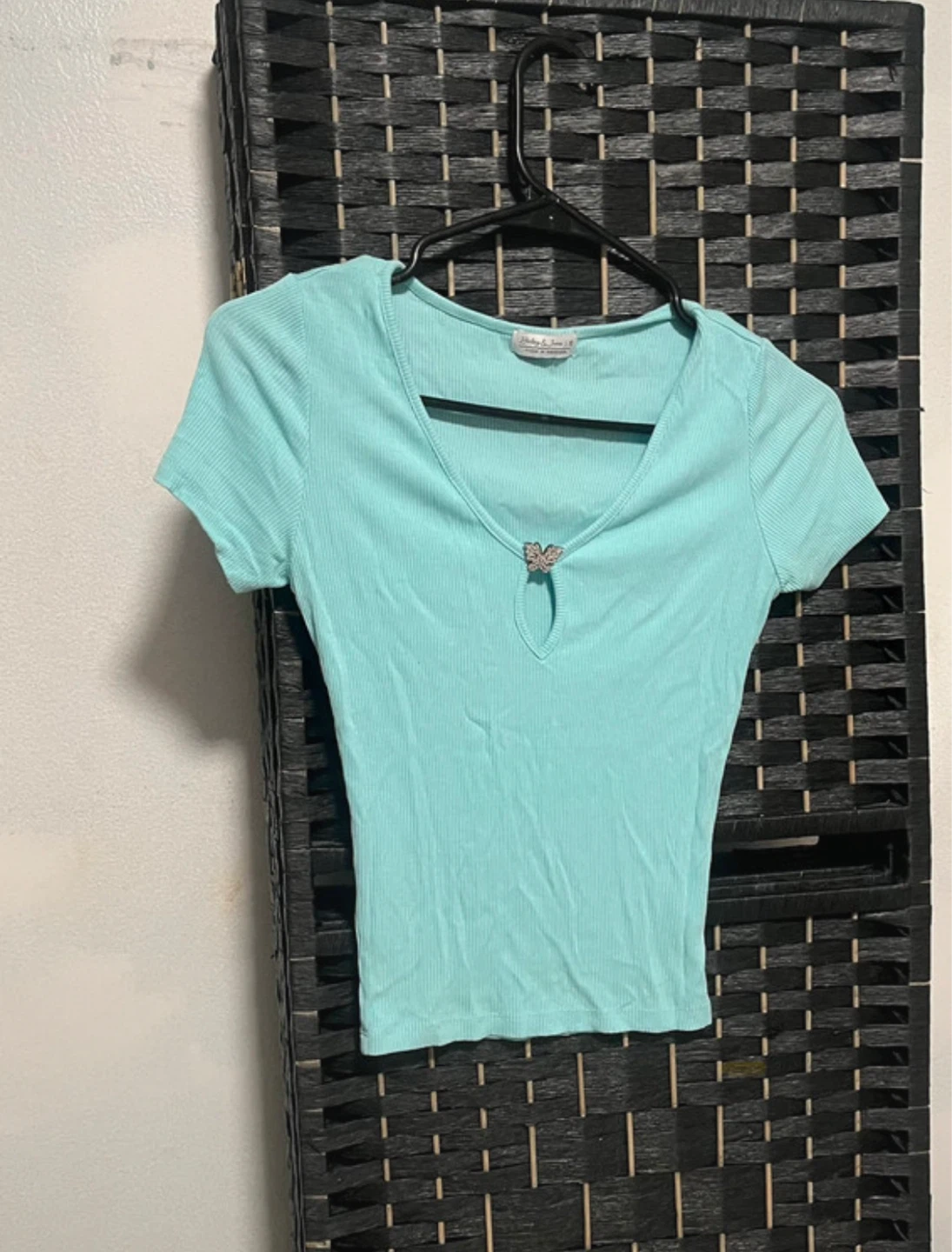Blue Ribbed Crop Top with Butterfly Detail
