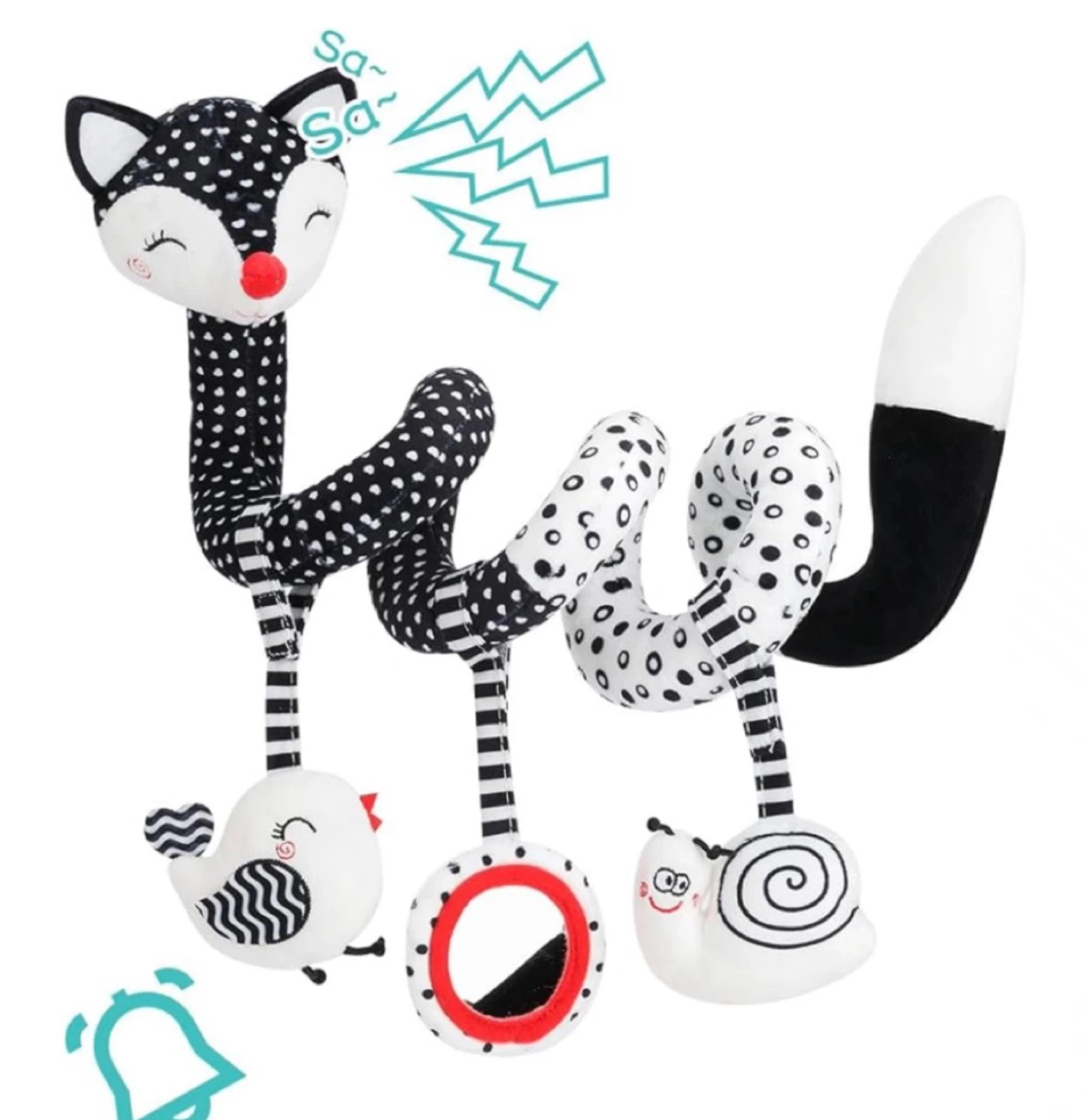 Black & White Fox Snail Bird Baby Crib Toy 15.35in