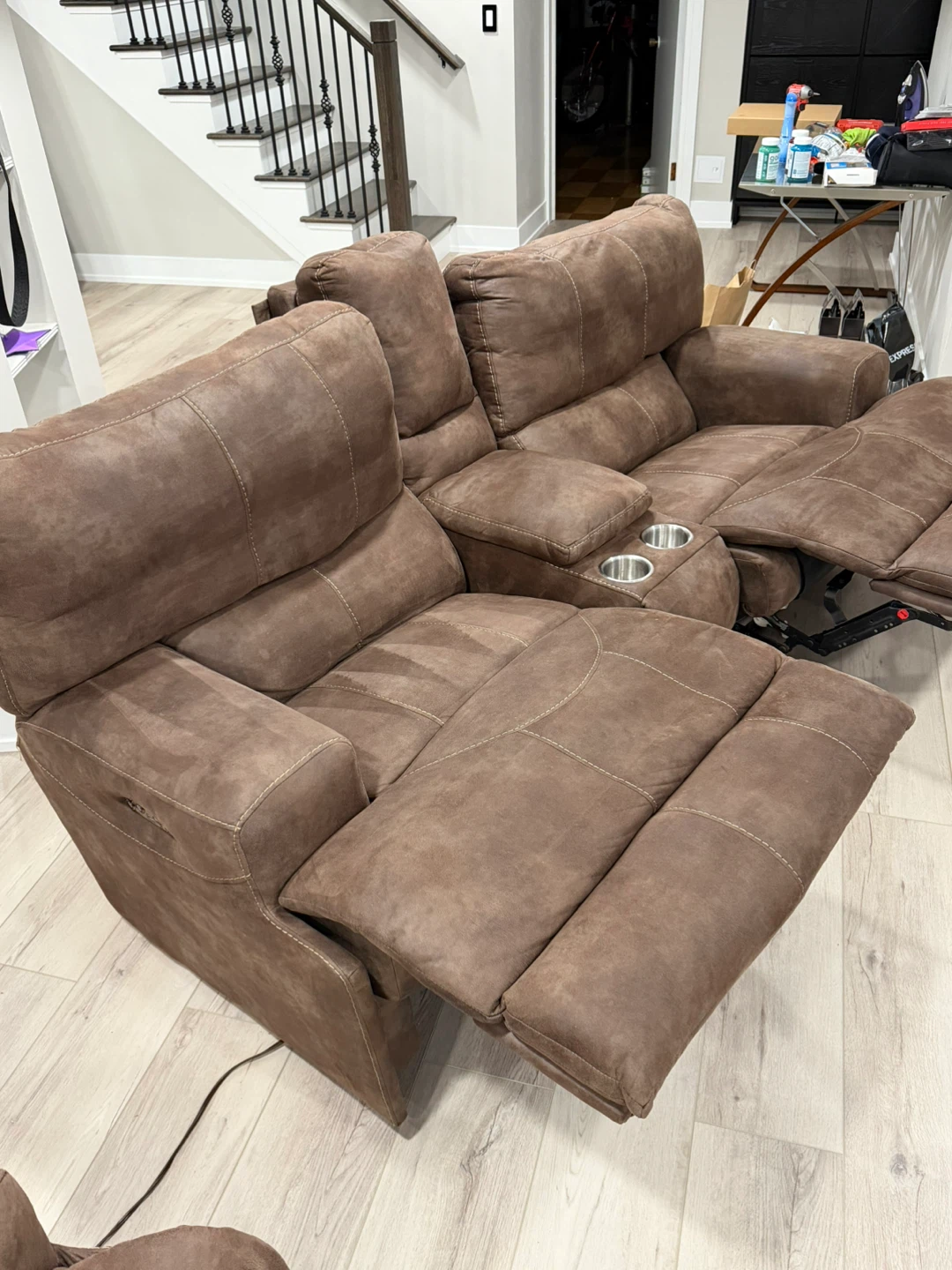 Brown Leather Power Reclining Sofa with Cup Holders