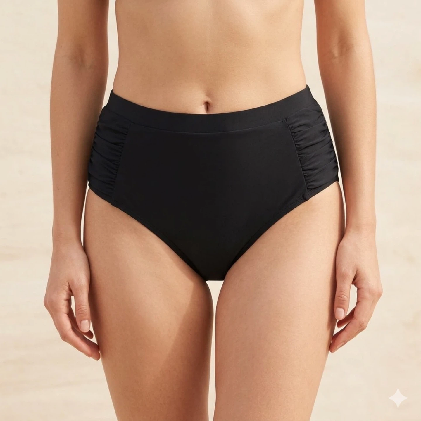 High Waisted Ruched Bikini Swimsuit Bottoms Solid Black Size M