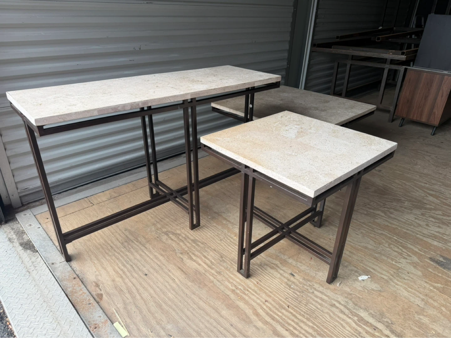 Set of 3 Stone Top Tables with Metal Frames