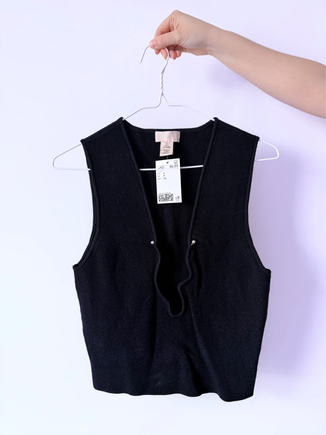 H&M Black Ribbed V-Neck Vest Top - Size Small