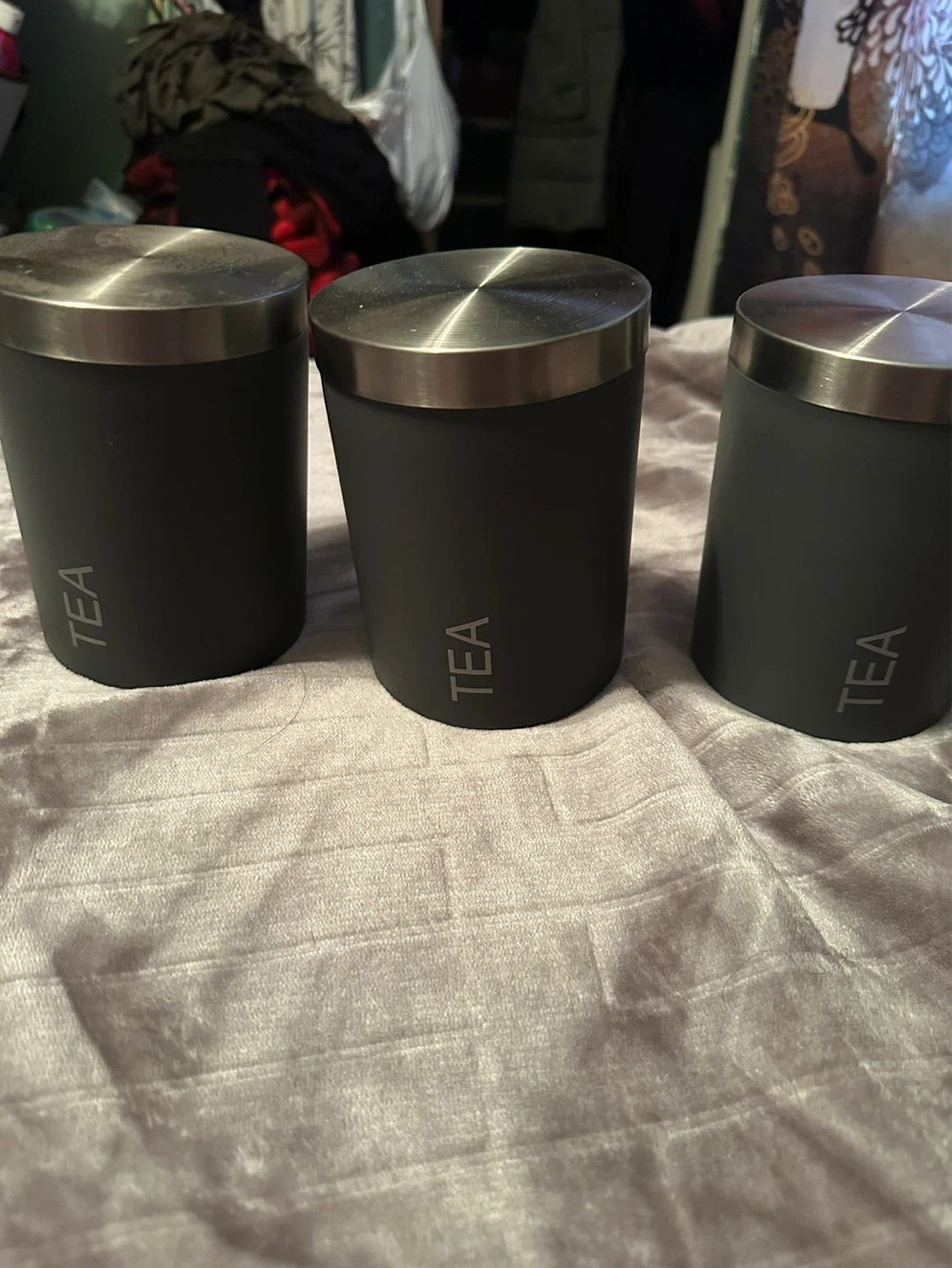 Set of 3 Black "TEA" Canisters with Stainless Lids