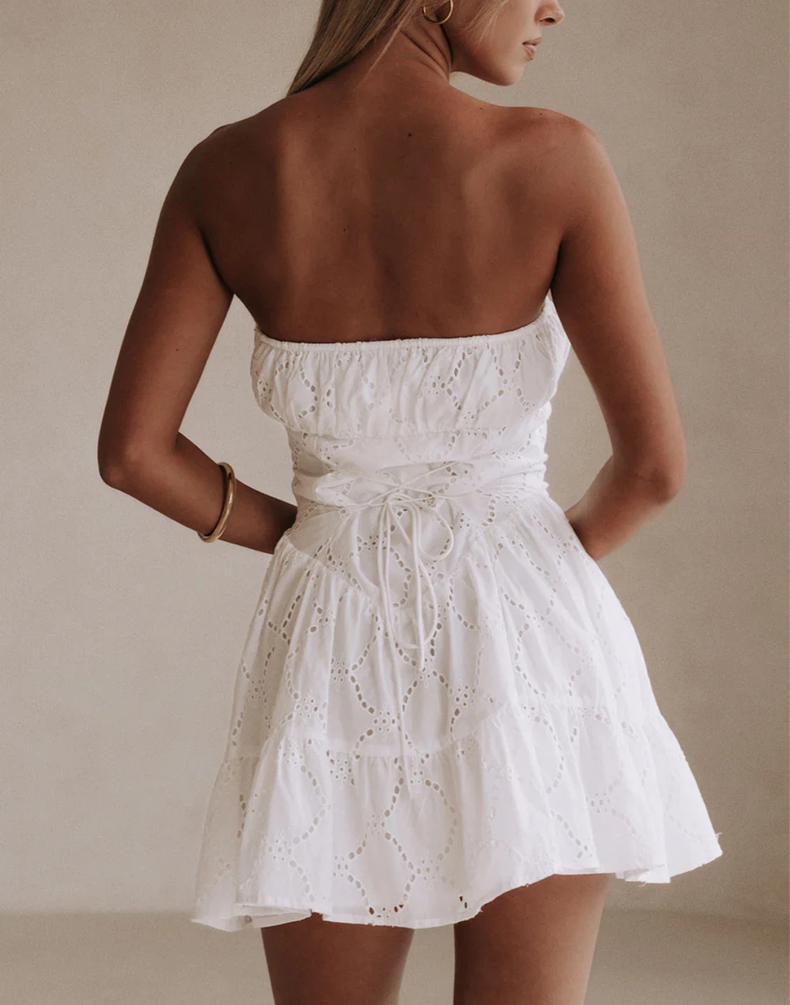 Sabo Skirt | White Eyelet Strapless Mini Dress - XS - photo 2