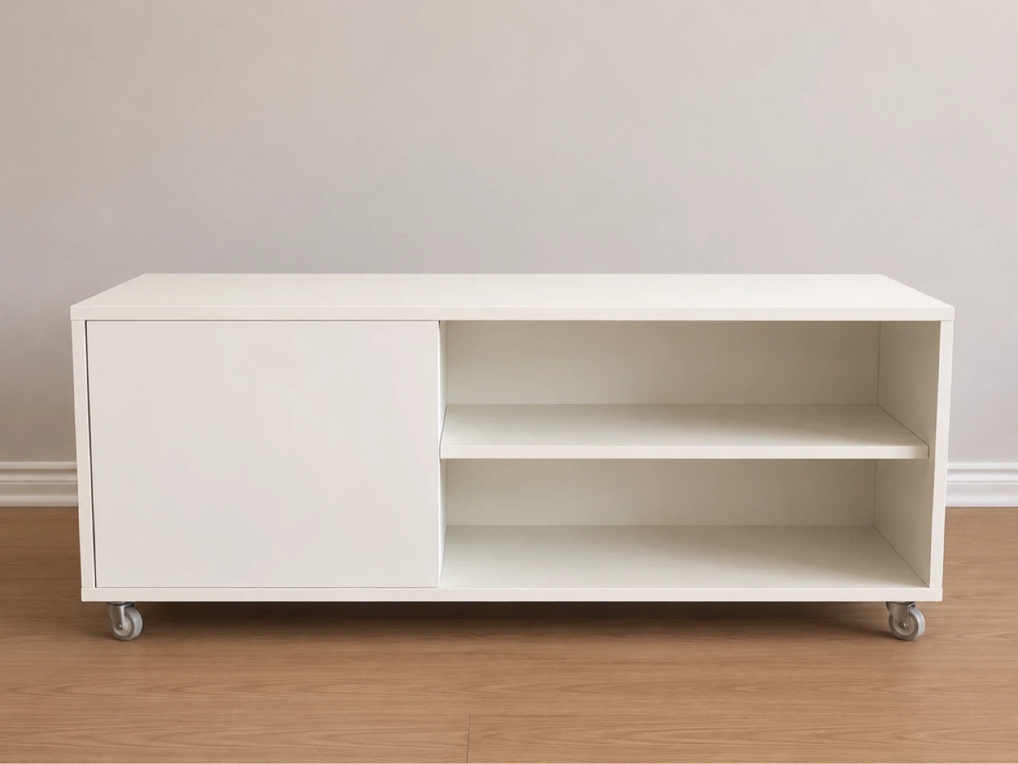 White Media Console with and Shelves on Wheels