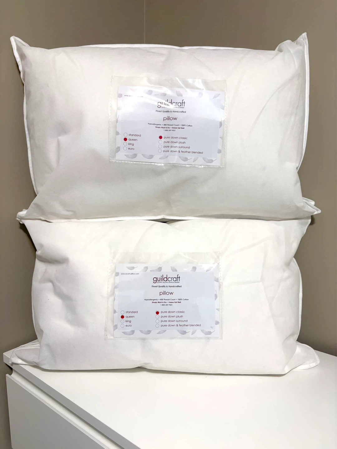 Canadian Goose Down Pillows – Queen Size (Set of 2) – $400