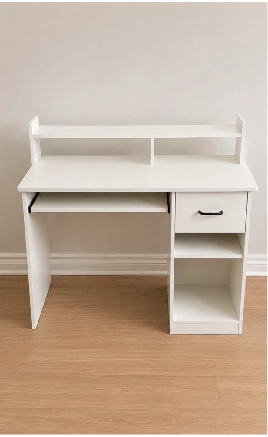White Computer Desk with Keyboard Tray and Storage