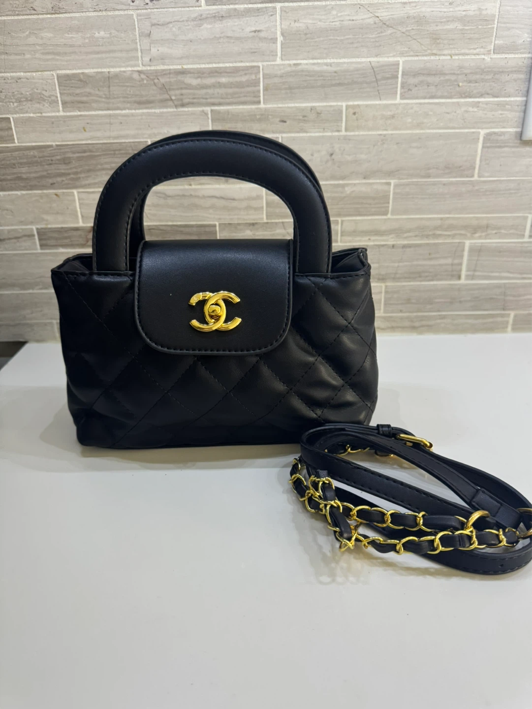 Black Quilted Top Handle Bag with Chain Strap - photo 2