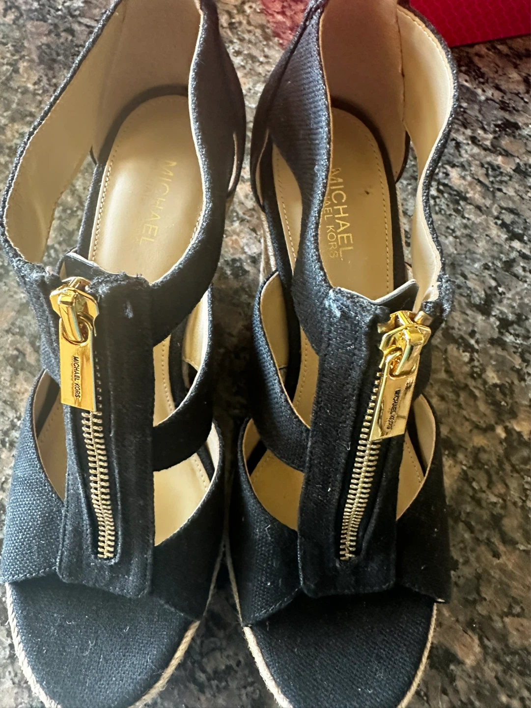 Michael Kors Black Wedge Sandals with Gold Zipper