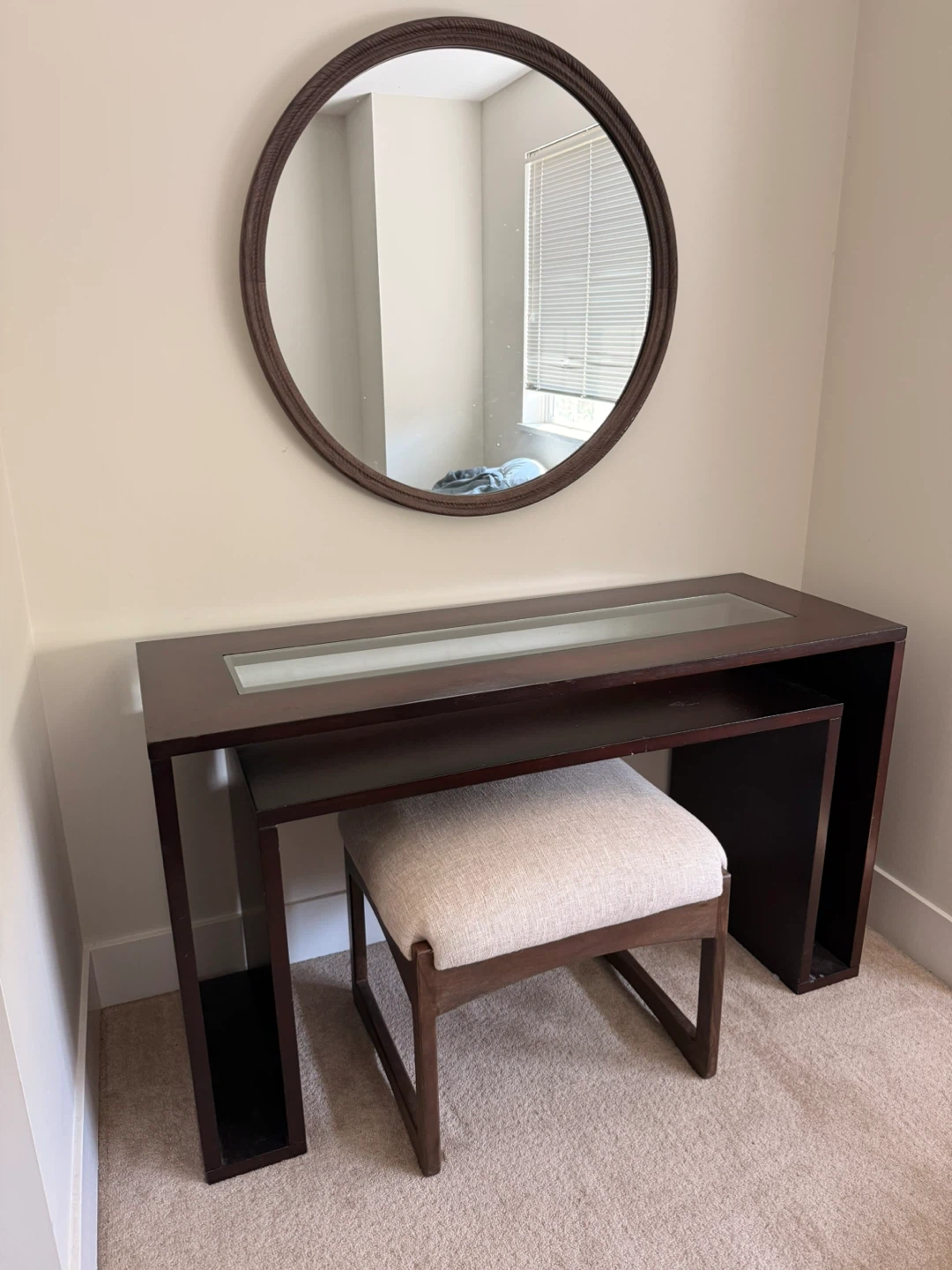 Dark Wood Console Table with Stool and Glass Top