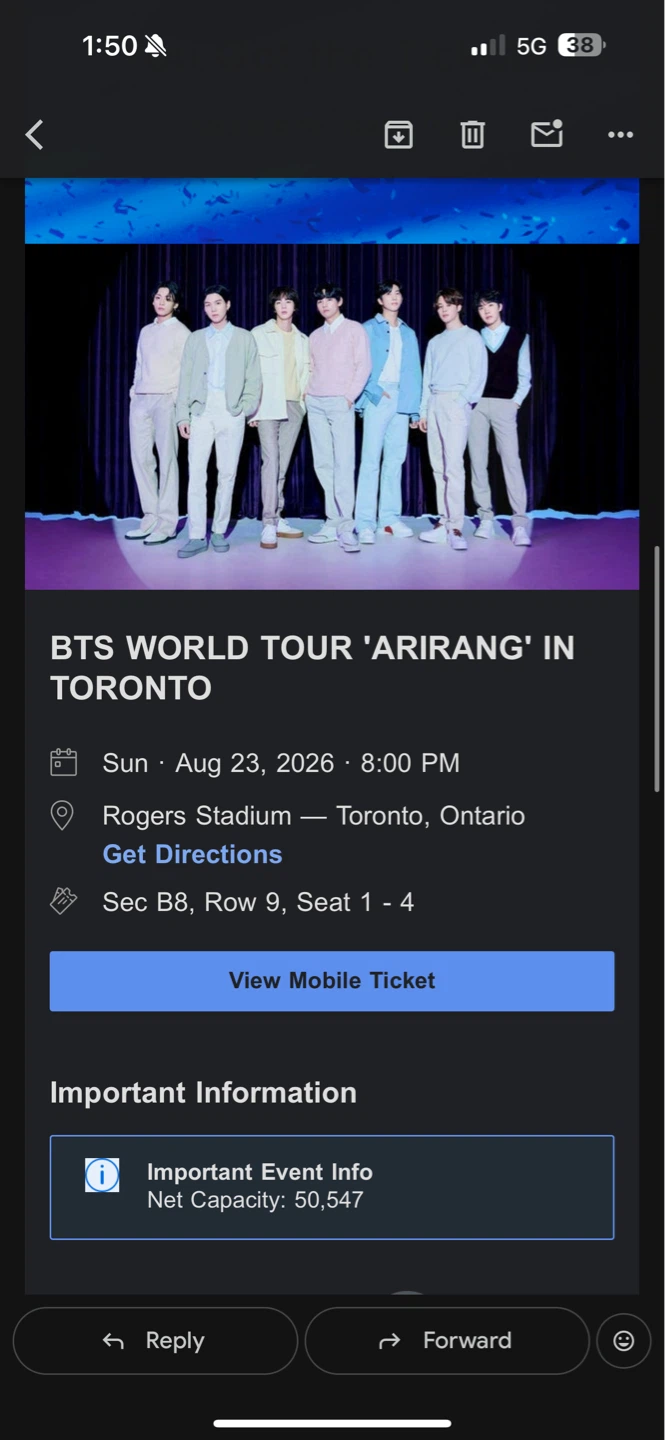 BTS World Tour 'Arirang' in Toronto FLOOR TICKETS