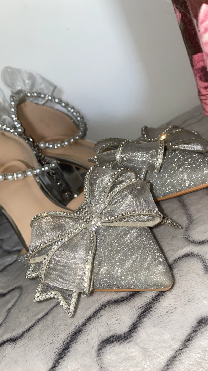 Silver Glitter Bow Heels with Pearl Strap