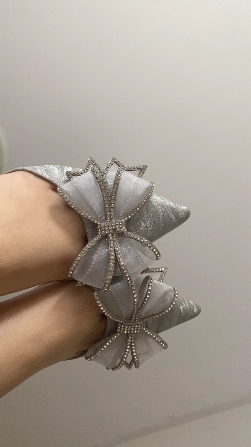 Silver Glitter Bow Heels with Pearl Strap - photo 4