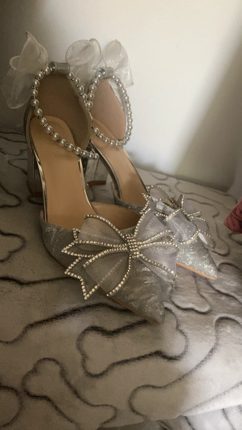 Silver Glitter Bow Heels with Pearl Strap - photo 5