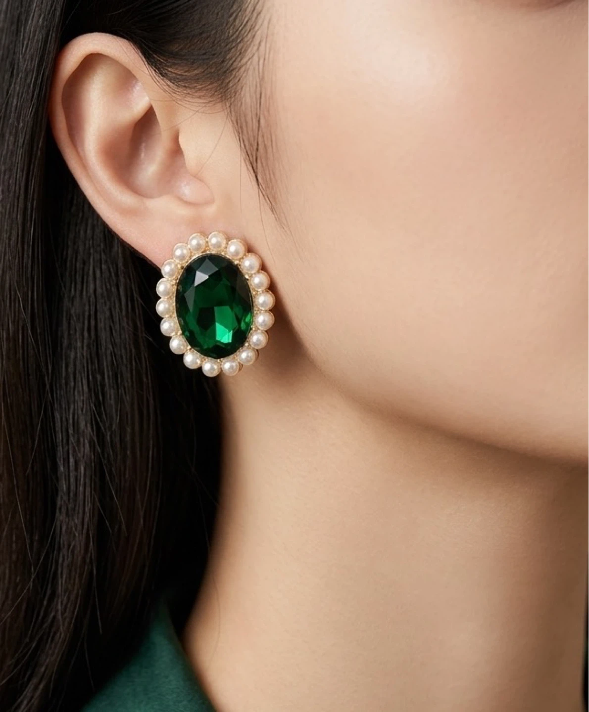 Emerald Green Oval Earrings with Pearl Accent