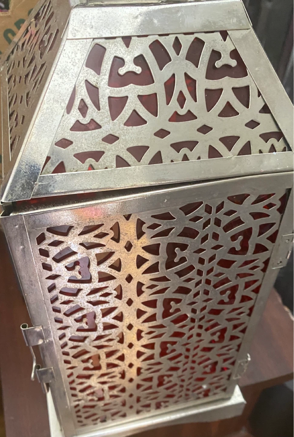 Silver Metal Lantern with Red Glass - photo 2