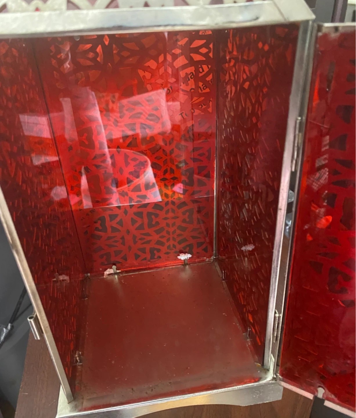 Silver Metal Lantern with Red Glass