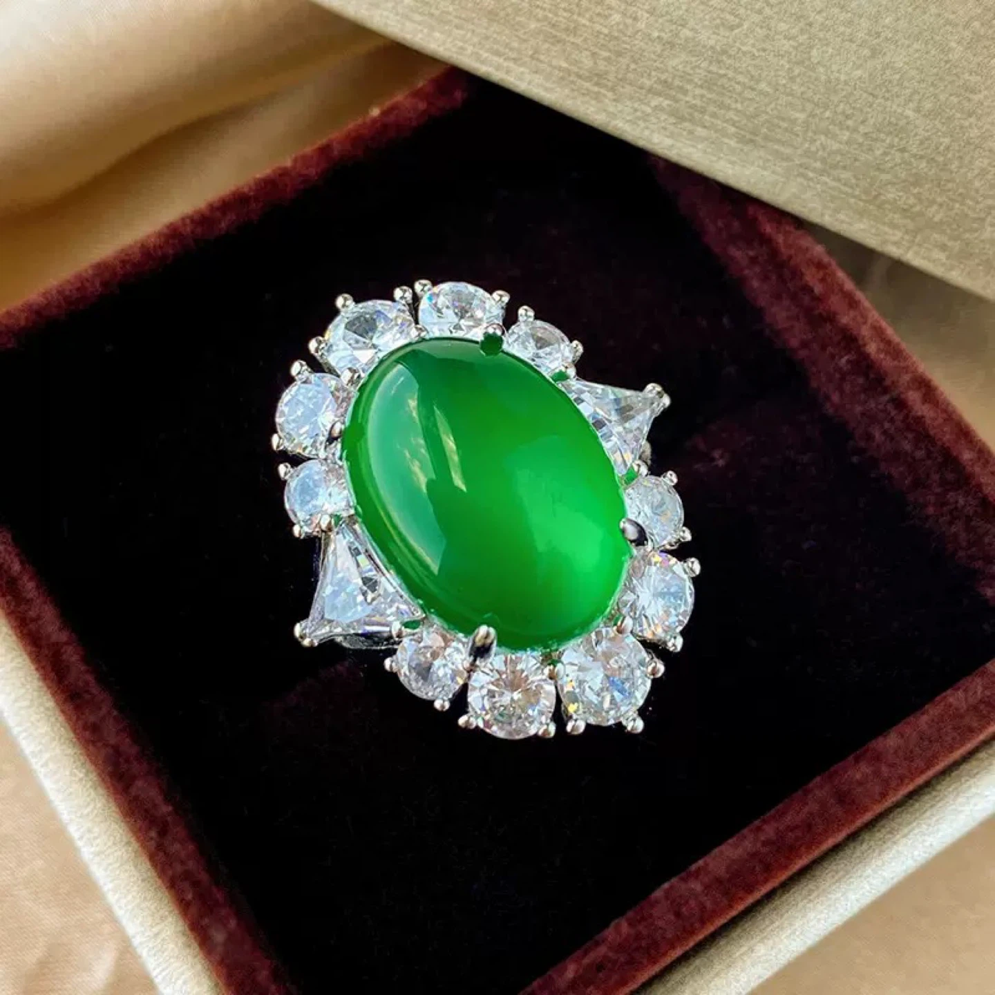 Imperial Green Jadeite & CZ Halo Ring