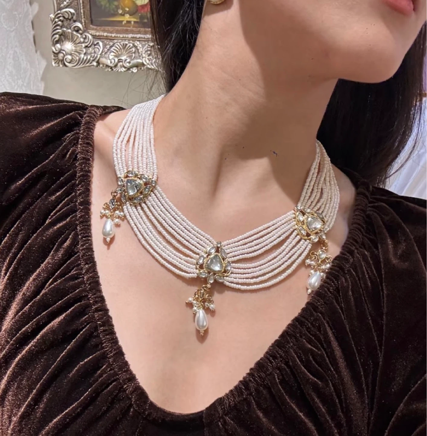 Seed Pearl Necklace - Choker with Drop Pearls