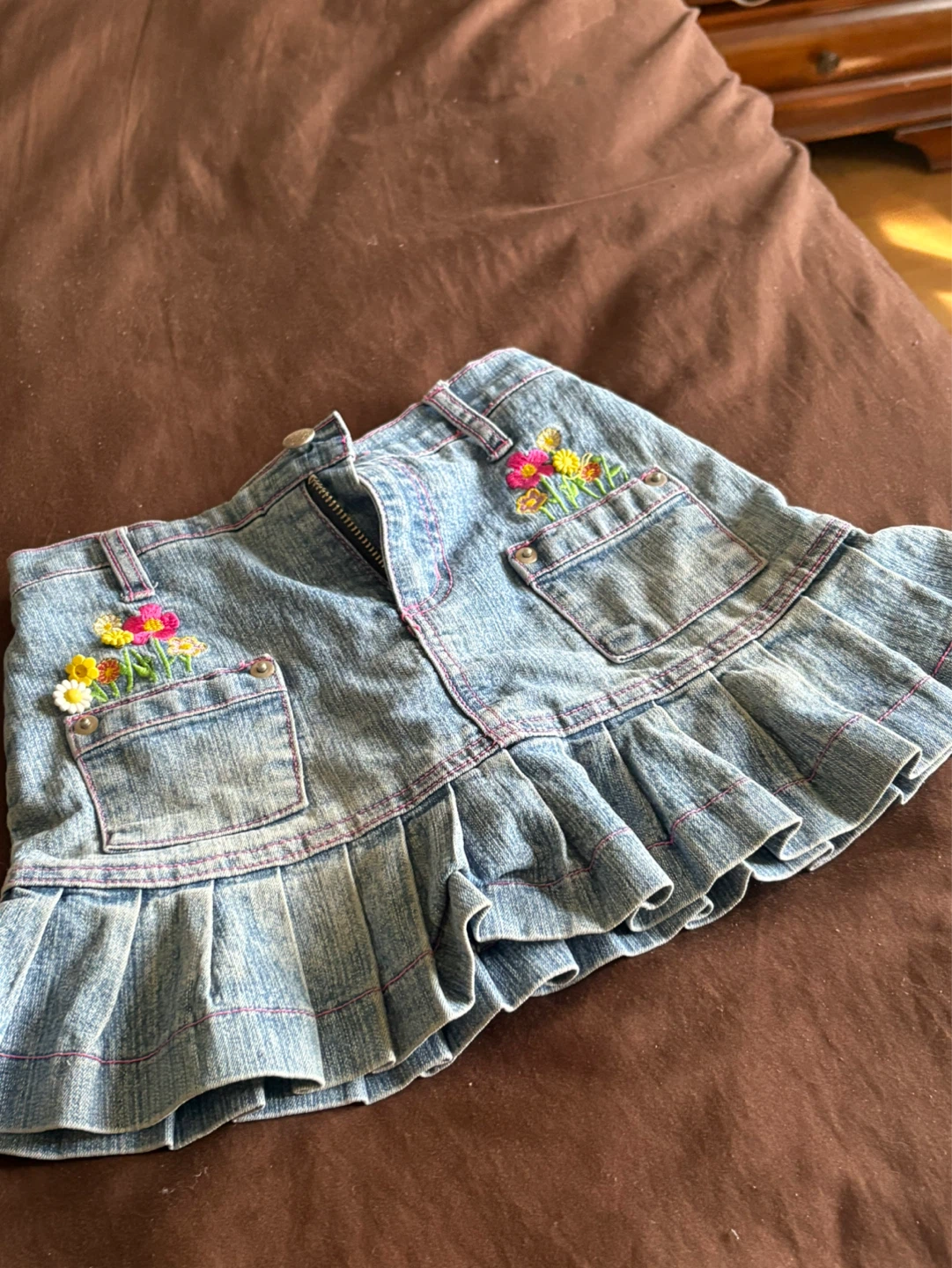 Girls' Denim Skirt with Ruffles and Embroidery - photo 3