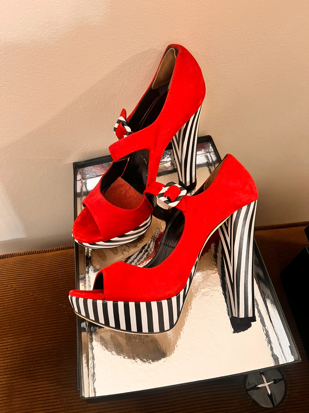 LORIBLU Red Suede Peep Toe Heels