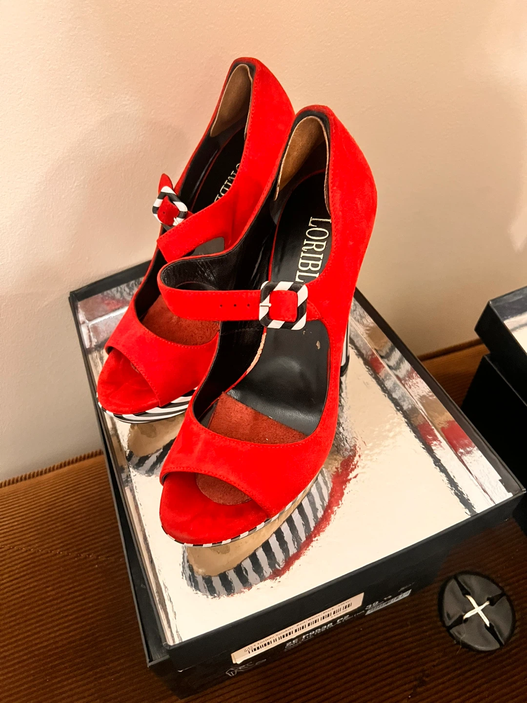 LORIBLU Red Suede Peep Toe Heels - photo 2