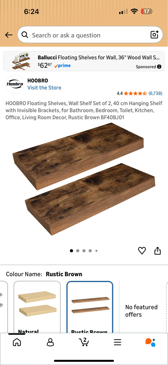 HOOBRO Floating Shelves Set of 2 - Rustic Brown