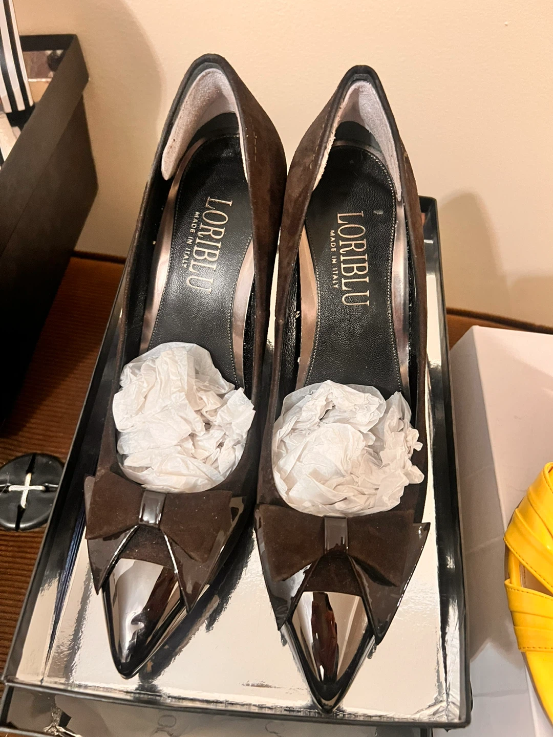 LORIBLU Brown Suede Bow Heels
