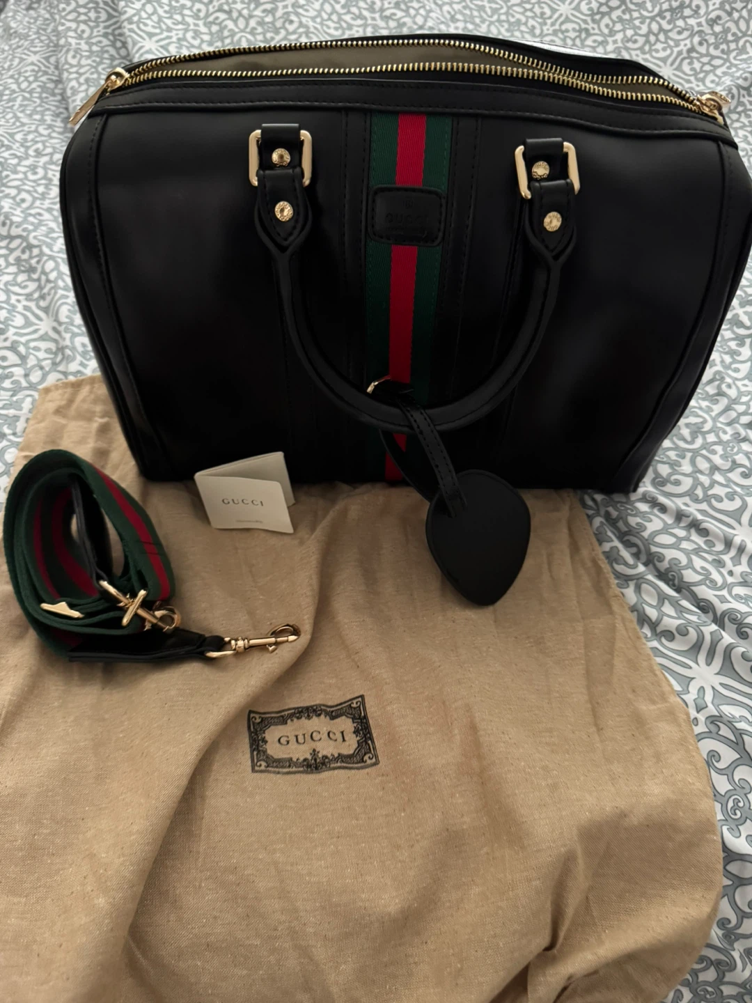 Gucci Black Leather Boston Bag with Green and Red Stripe
