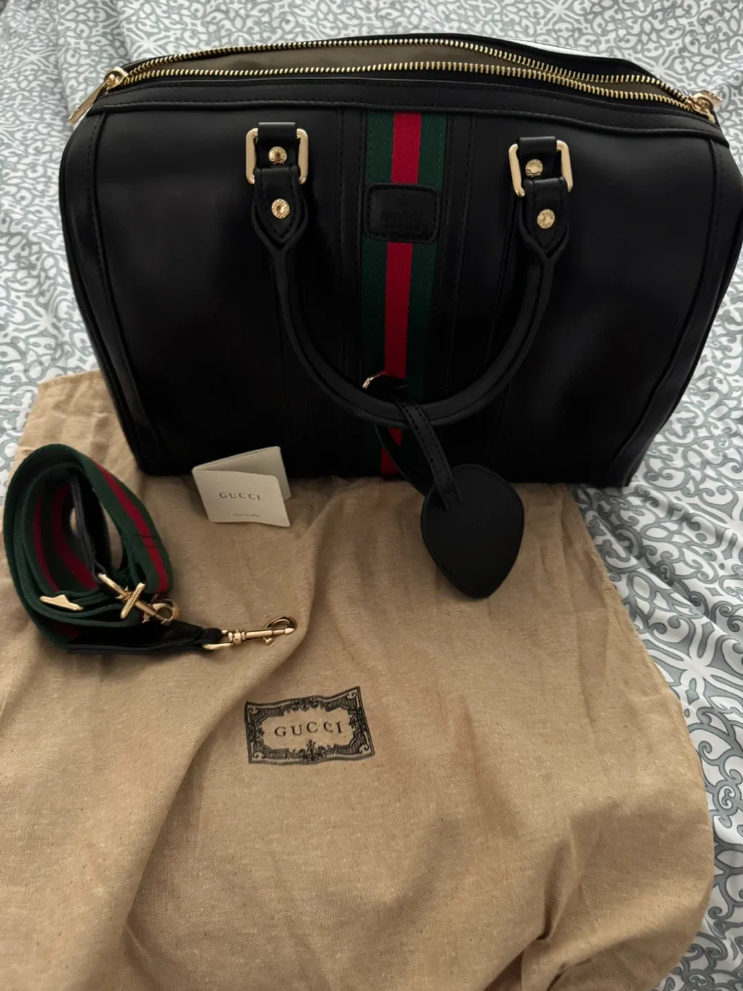 Gucci Black Leather Boston Bag with Green and Red Stripe