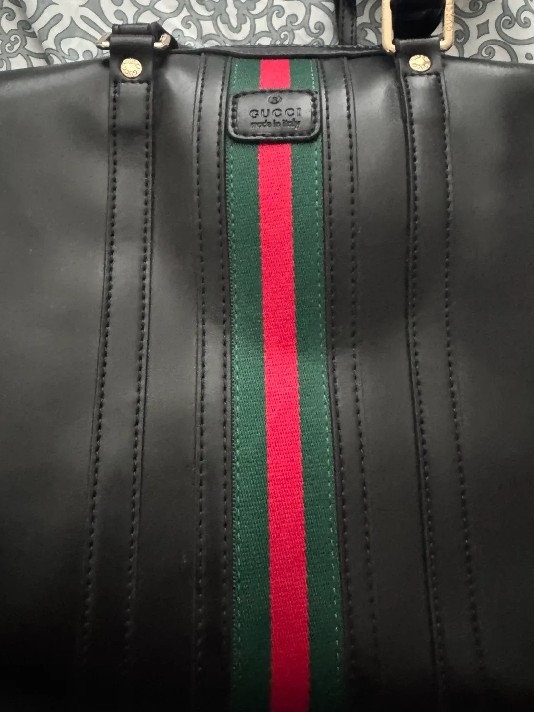 Gucci Black Leather Boston Bag with Green and Red Stripe - photo 5