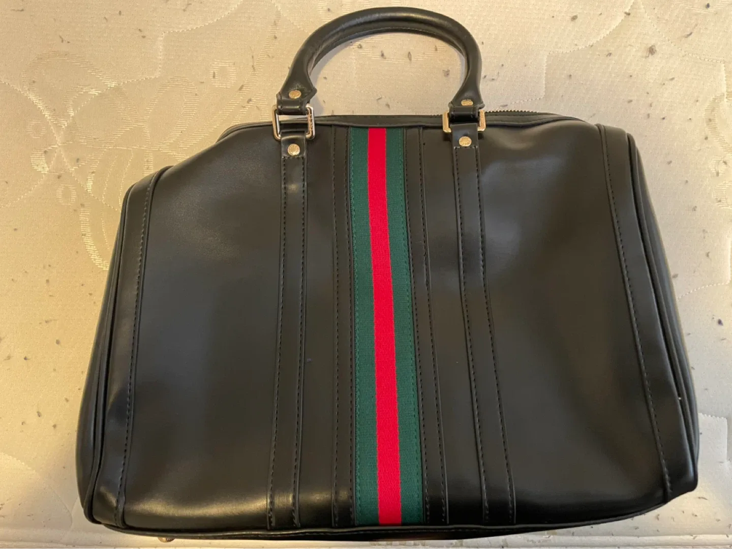 Gucci Black Leather Boston Bag with Green and Red Stripe - photo 4