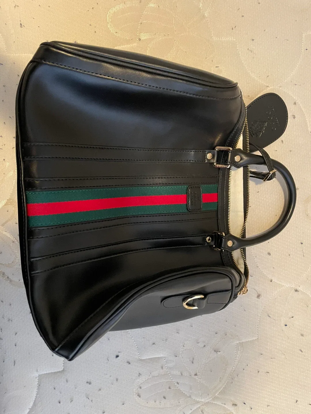 Gucci Black Leather Boston Bag with Green and Red Stripe - photo 2