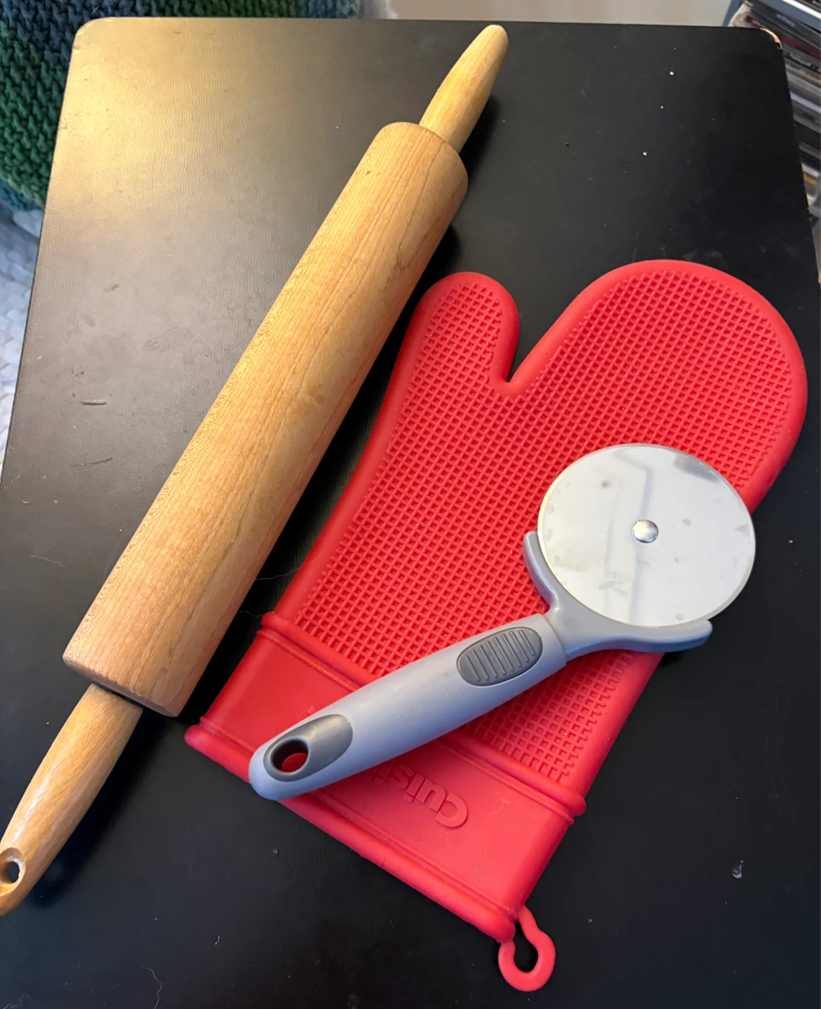 Wooden Rolling Pin, Red Silicone Oven Mitt, and Pizza Cutter Set
