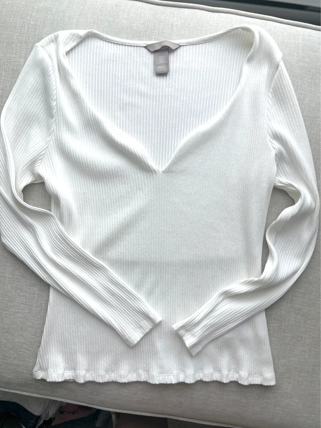 H&M Ribbed Long Sleeve Tops - White & Brown - photo 4