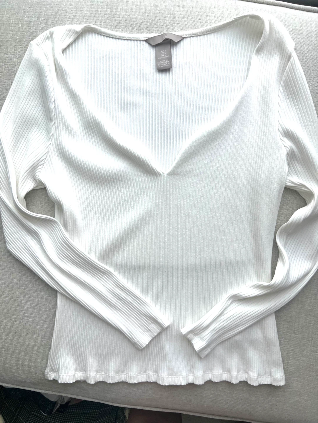 H&M Ribbed Long Sleeve Tops - White & Brown - photo 5