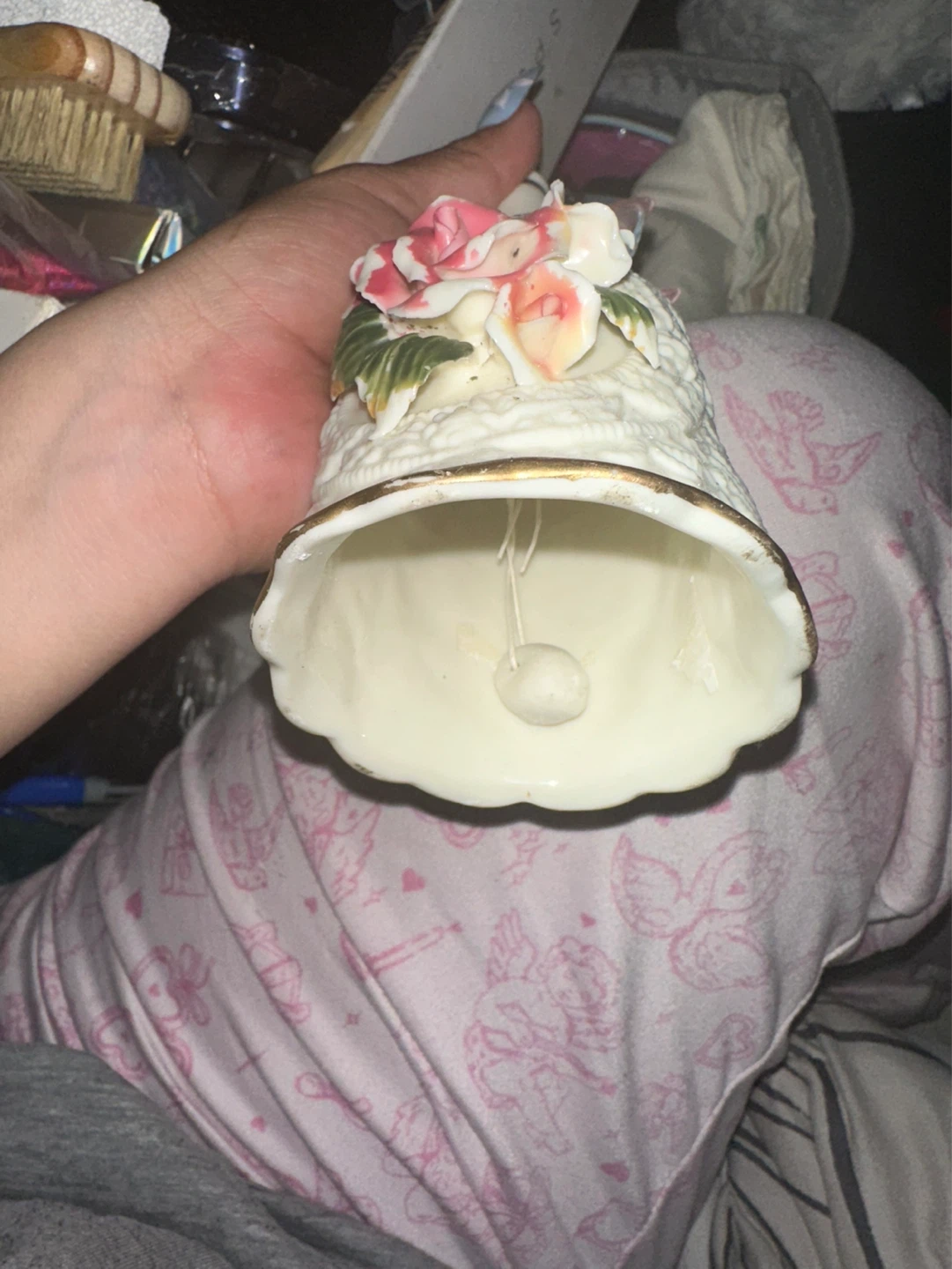 White Ceramic Decorative Bell with Pink Roses - photo 2