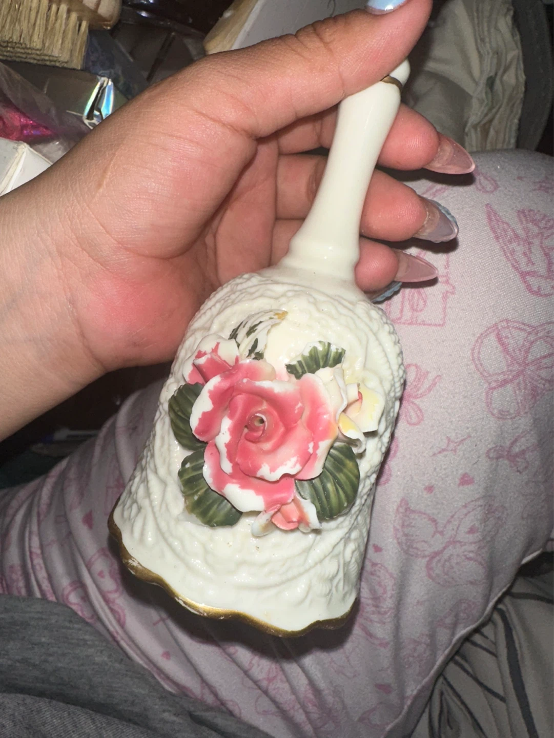 White Ceramic Decorative Bell with Pink Roses