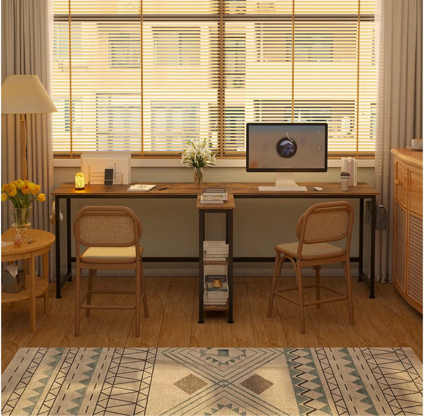 Two Person Desk - Rustic wood and Industrial metal style