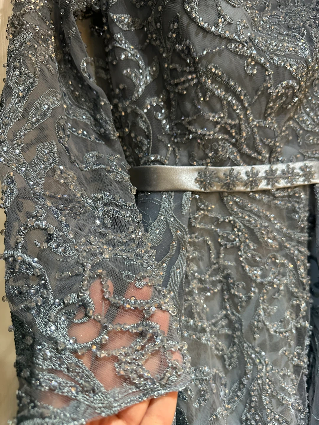 Elegant Blue Beaded Long Sleeve Evening Gown - photo 3